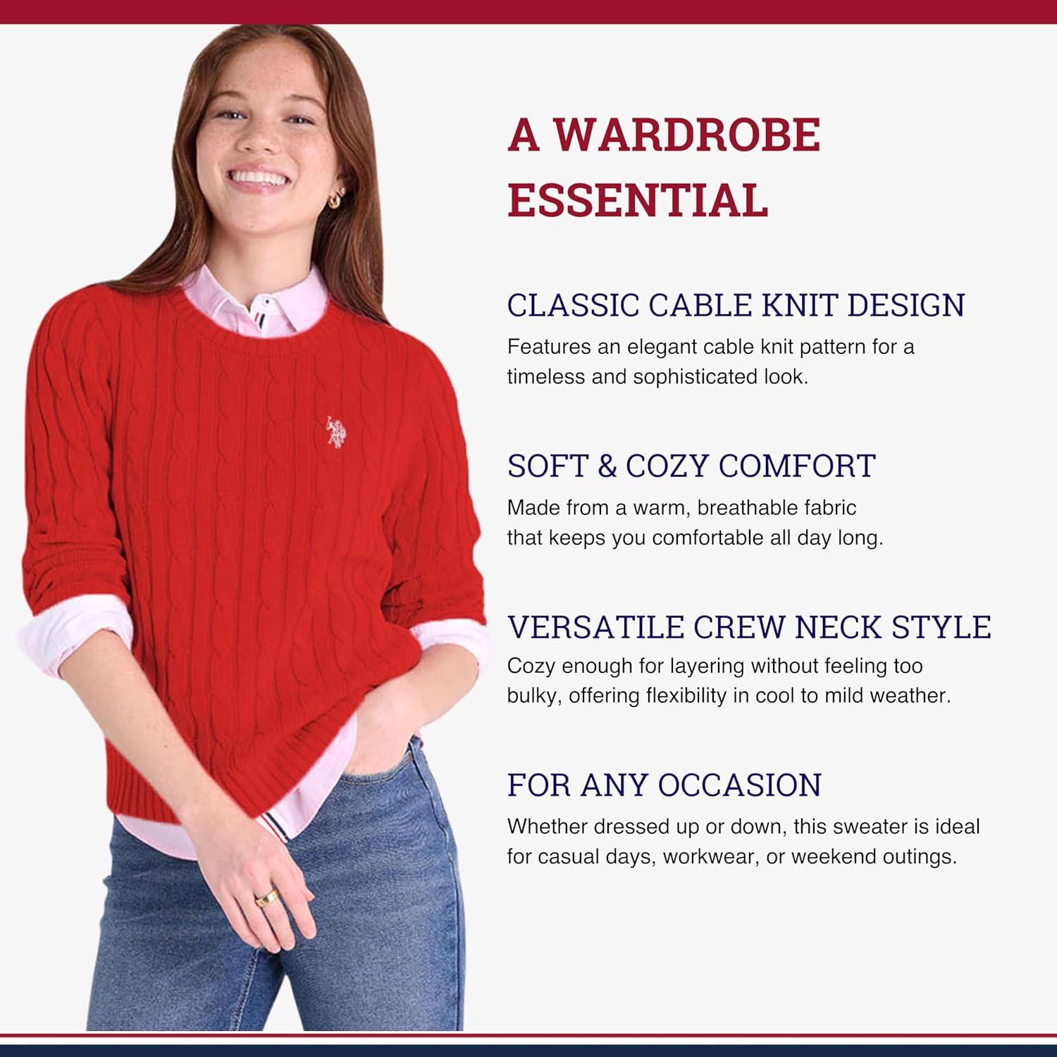 image:imageUS Polo Assn Womens Crew Neck Sweaters Raglan Cable Knit amp StripedEngine Red 2025