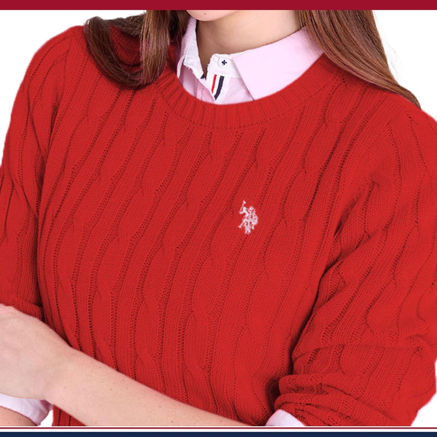 image:imageUS Polo Assn Womens Crew Neck Sweaters Raglan Cable Knit amp StripedEngine Red 2025