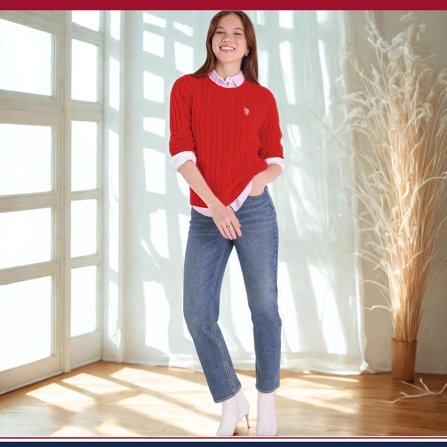 image:imageUS Polo Assn Womens Crew Neck Sweaters Raglan Cable Knit amp StripedEngine Red 2025