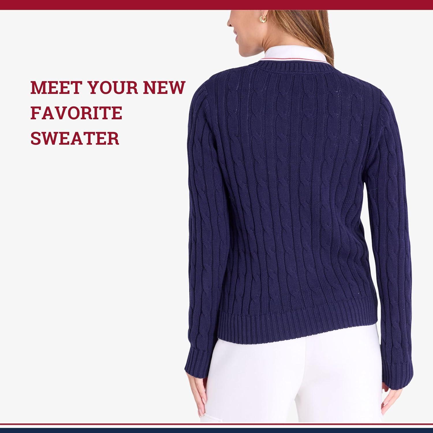 image:imageUS Polo Assn Womens Crew Neck Sweaters Raglan Cable Knit amp StripedEvening Blue 2025