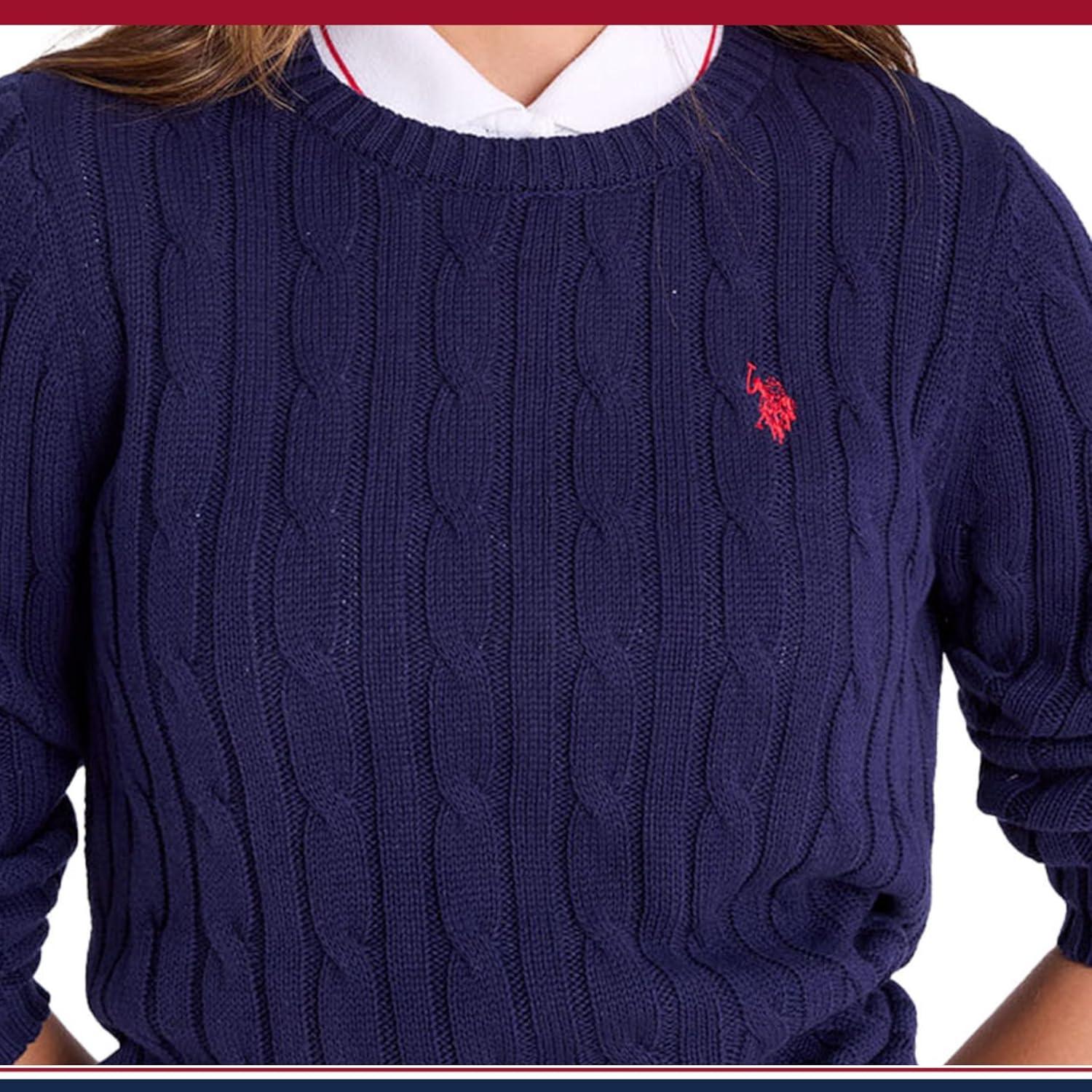 image:imageUS Polo Assn Womens Crew Neck Sweaters Raglan Cable Knit amp StripedEvening Blue 2025