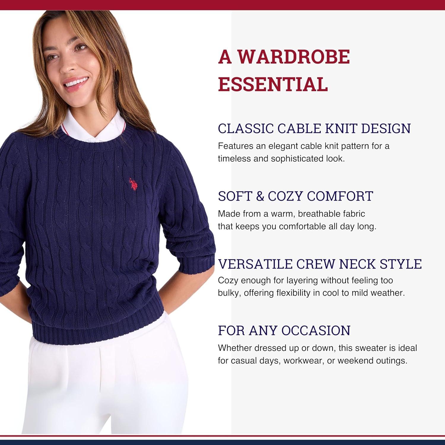 image:imageUS Polo Assn Womens Crew Neck Sweaters Raglan Cable Knit amp StripedEvening Blue 2025