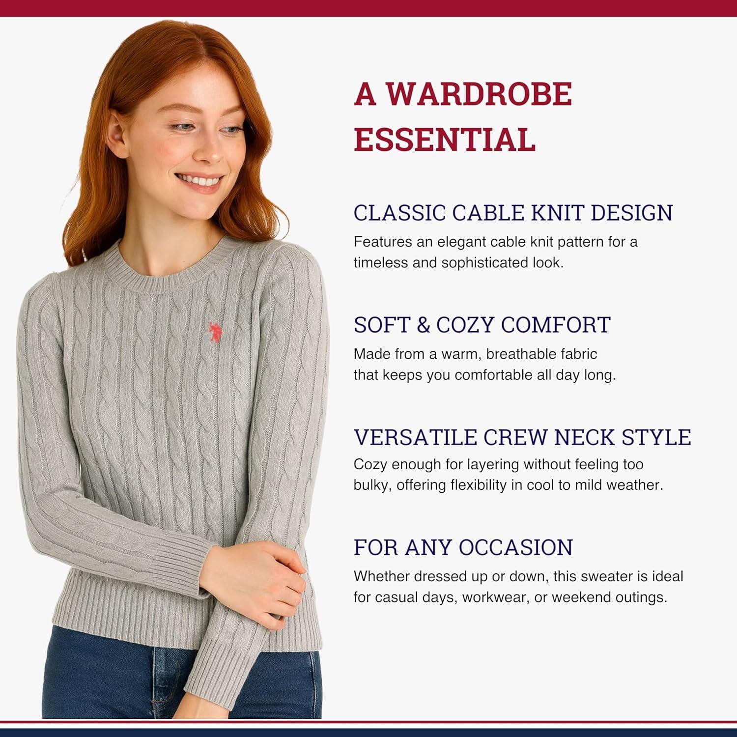 image:imageUS Polo Assn Womens Crew Neck Sweaters Raglan Cable Knit amp StripedHeather Lt Gray