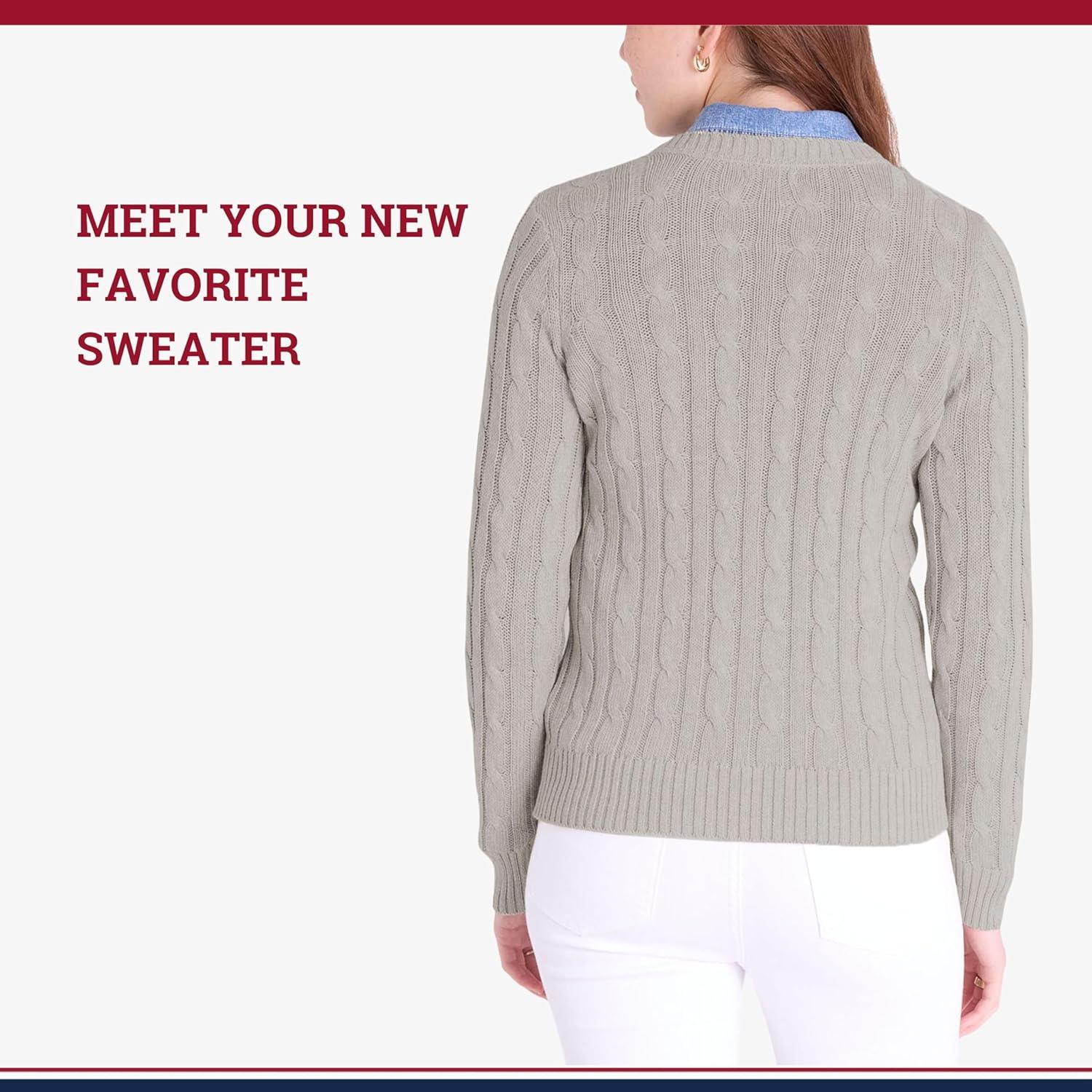 image:imageUS Polo Assn Womens Crew Neck Sweaters Raglan Cable Knit amp StripedHeather Lt Gray