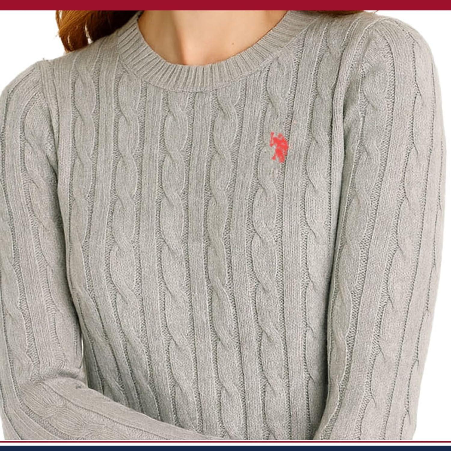 image:imageUS Polo Assn Womens Crew Neck Sweaters Raglan Cable Knit amp StripedHeather Lt Gray