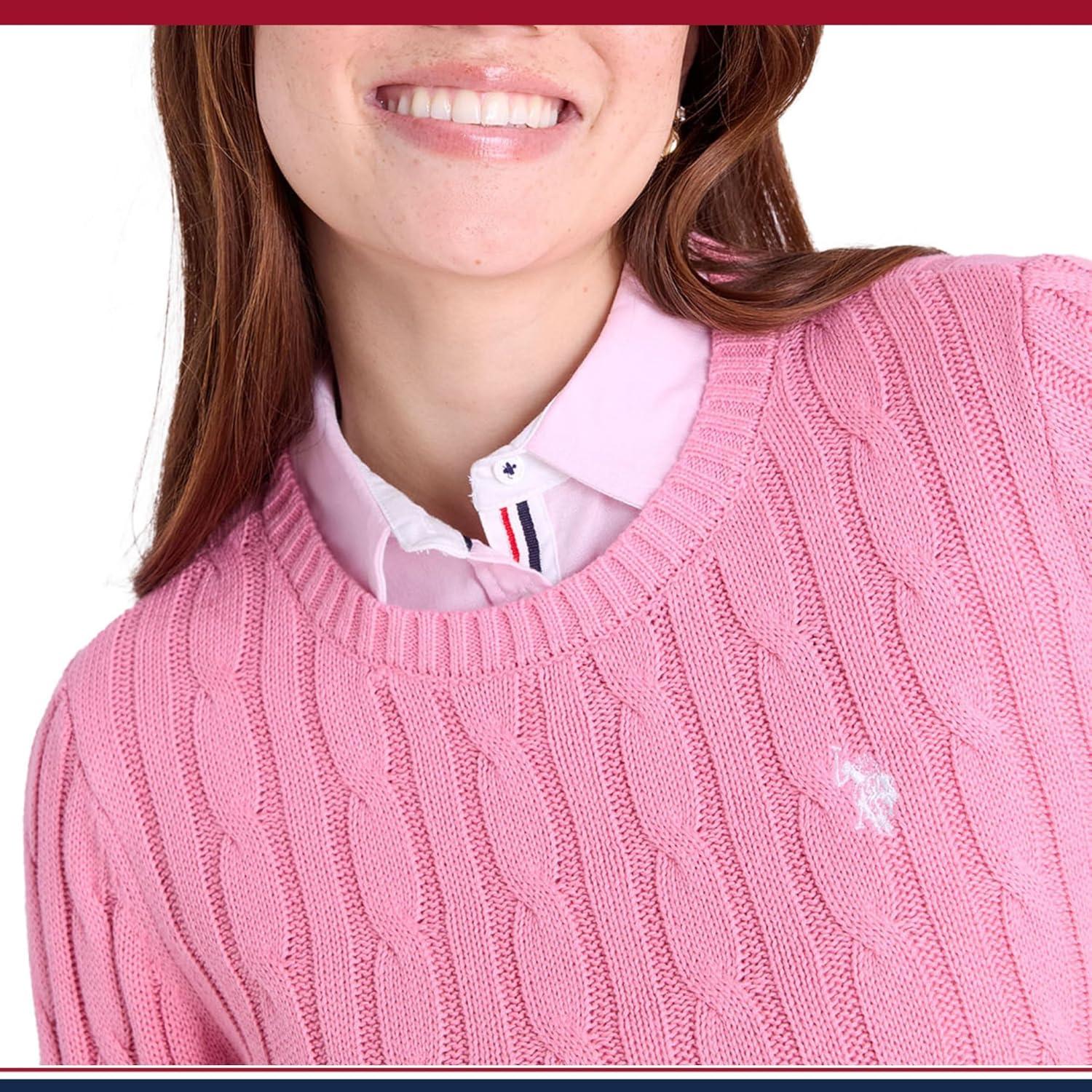 image:imageUS Polo Assn Womens Crew Neck Sweaters Raglan Cable Knit amp StripedWild Rose