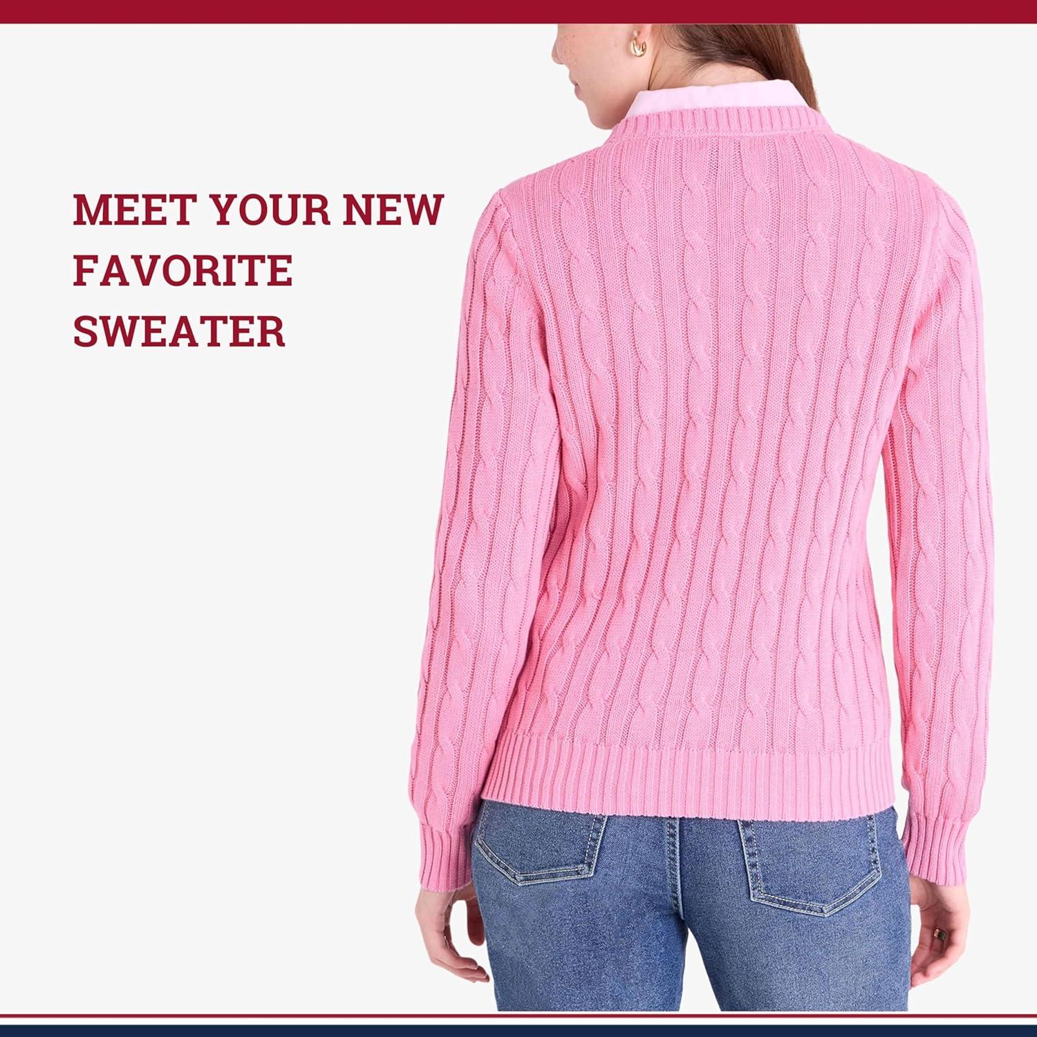 image:imageUS Polo Assn Womens Crew Neck Sweaters Raglan Cable Knit amp StripedWild Rose