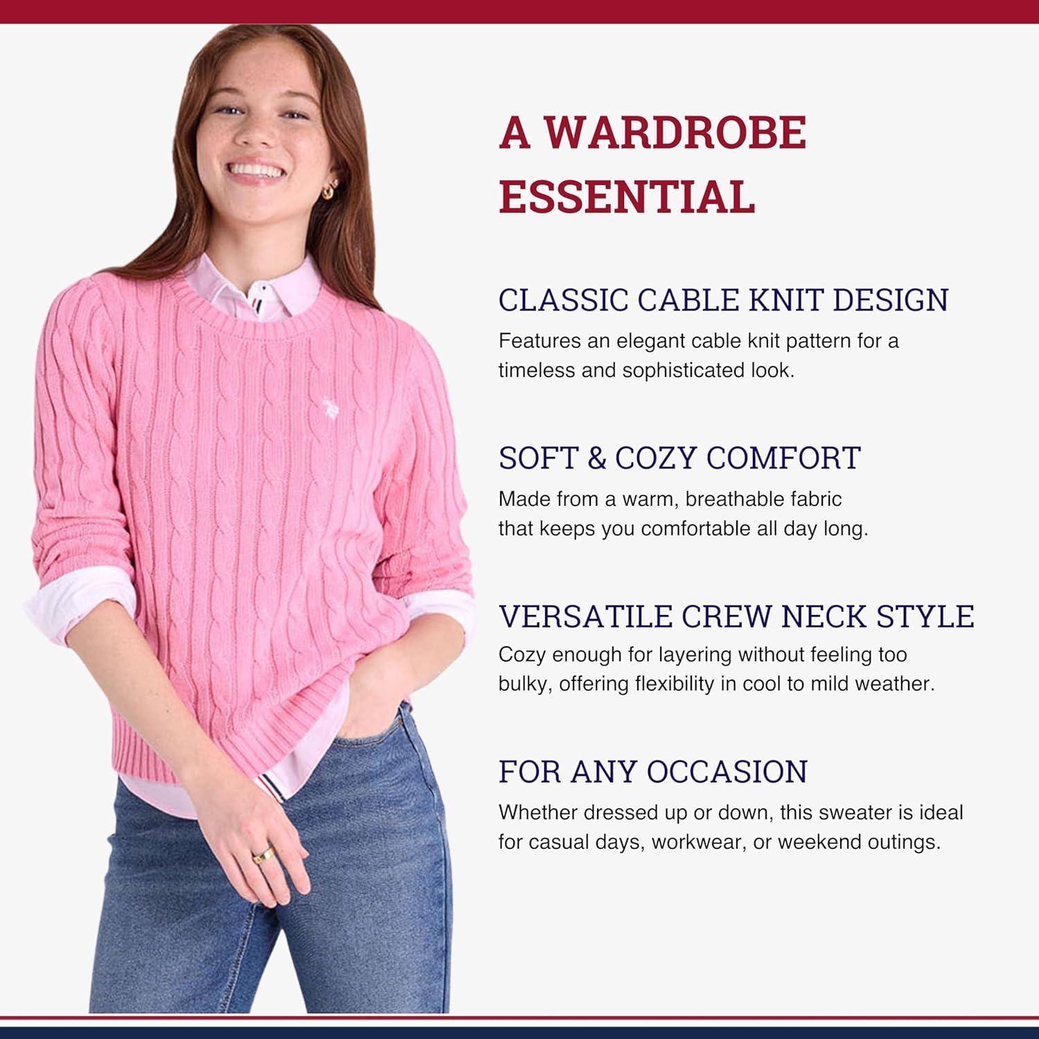 image:imageUS Polo Assn Womens Crew Neck Sweaters Raglan Cable Knit amp StripedWild Rose