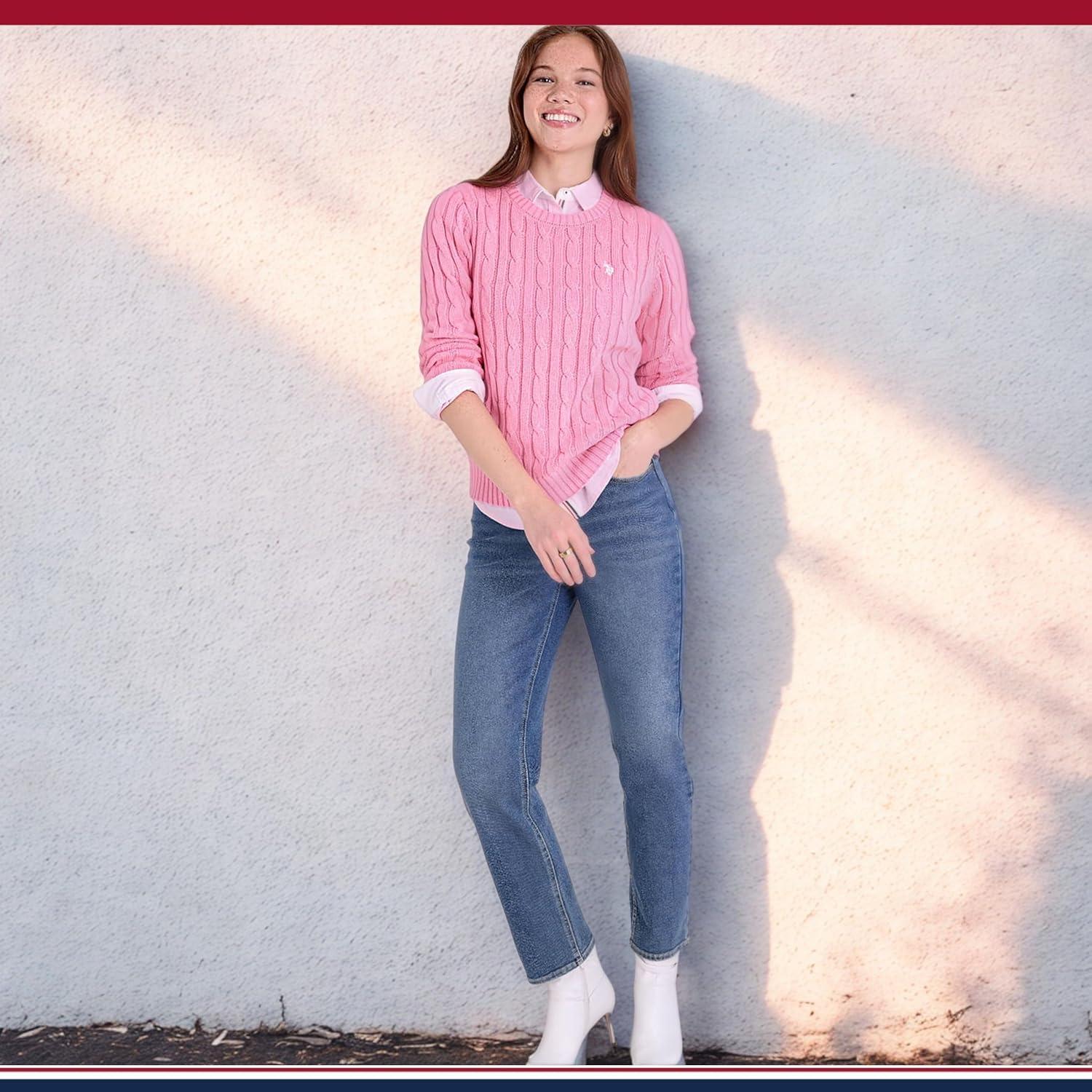 image:imageUS Polo Assn Womens Crew Neck Sweaters Raglan Cable Knit amp StripedWild Rose