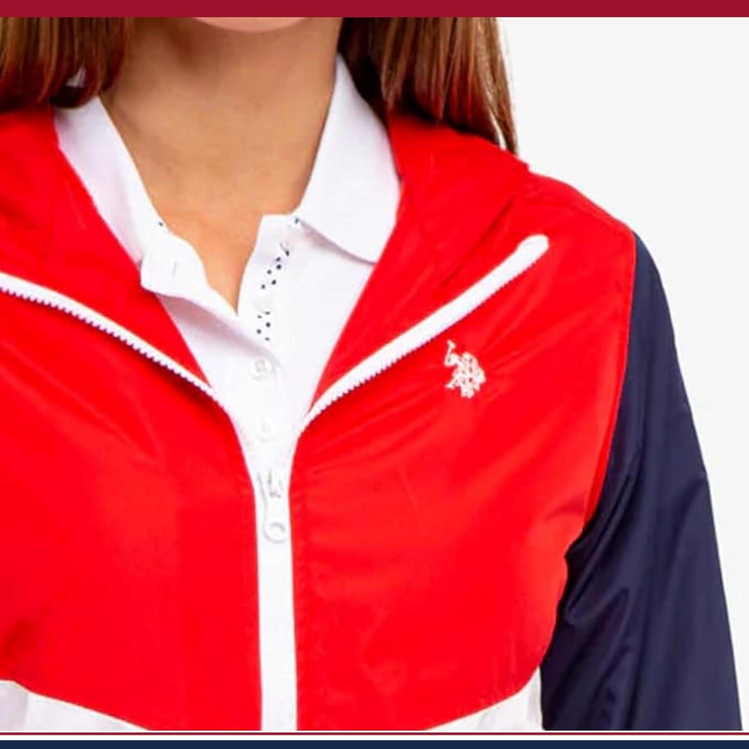 image:imageUS Polo Assn women Hooded Colorblocked Polar Fleece Lined Americana WindbreakerRacing Red