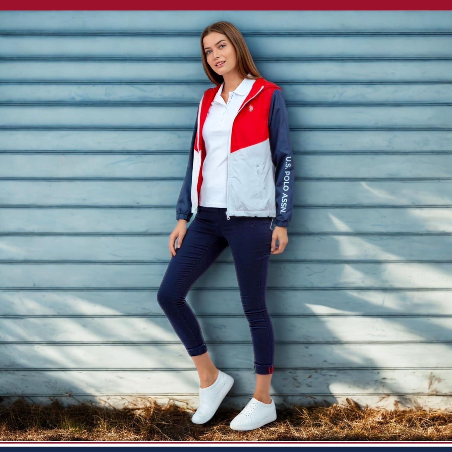 image:imageUS Polo Assn women Hooded Colorblocked Polar Fleece Lined Americana WindbreakerRacing Red