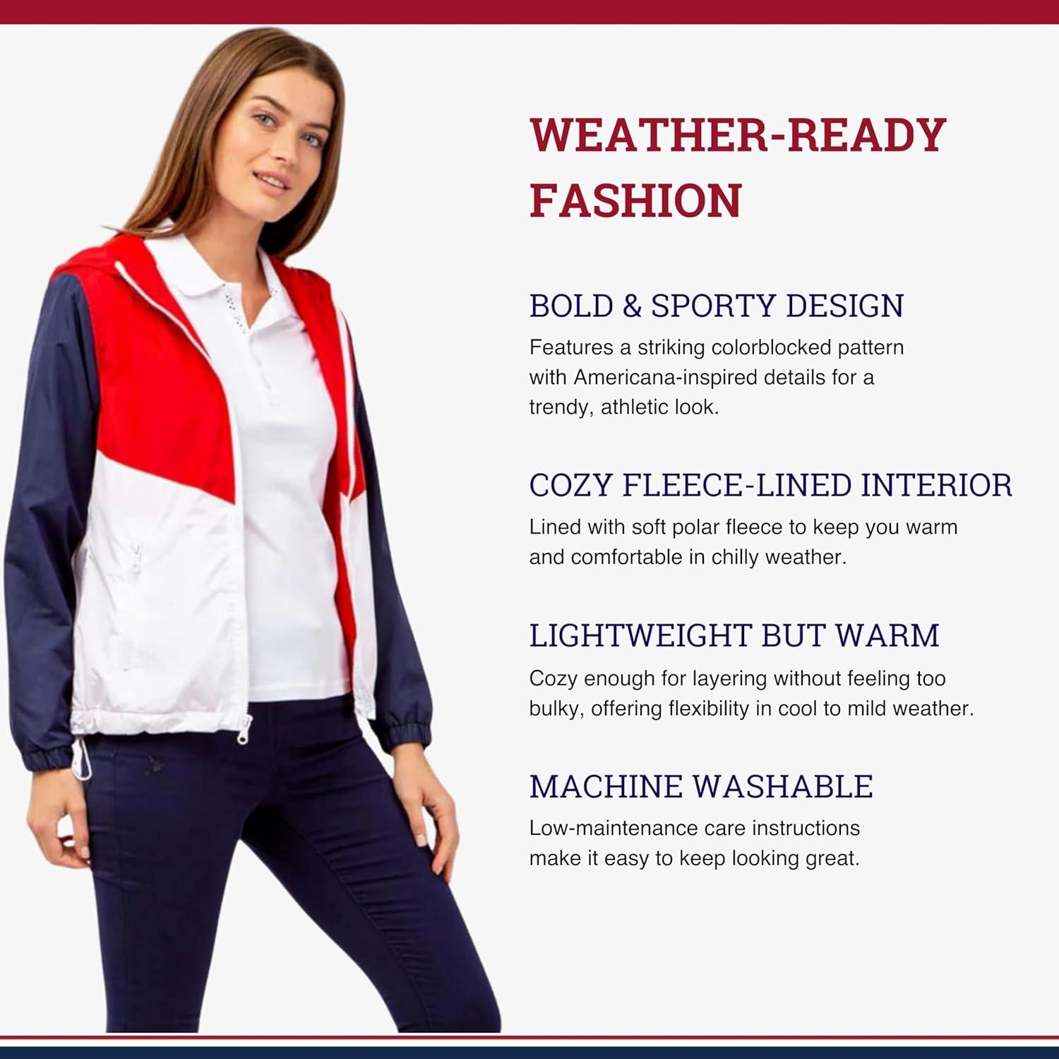 image:imageUS Polo Assn women Hooded Colorblocked Polar Fleece Lined Americana WindbreakerRacing Red