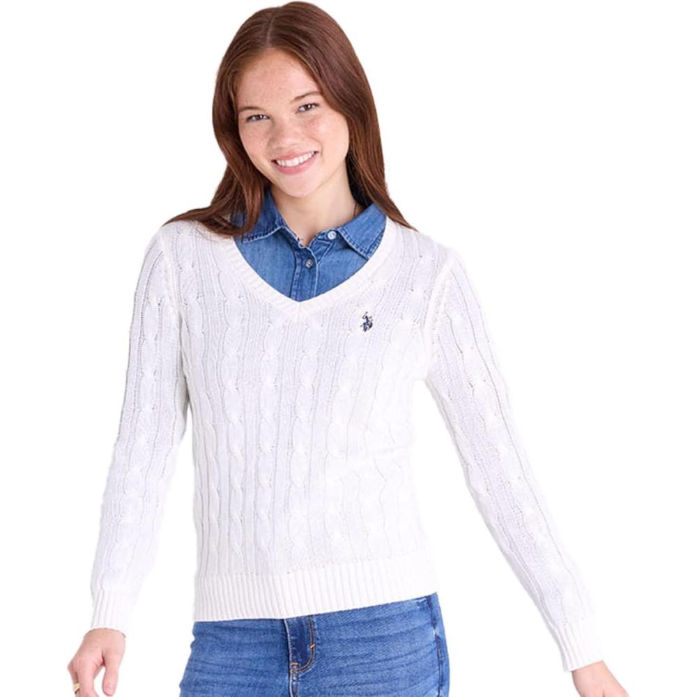 image:imageUS Polo Assn Womens Cable Sweater  Soft Knit Embroidered Pony Logo Ribbed Trims Casual Cozy PulloverEgret