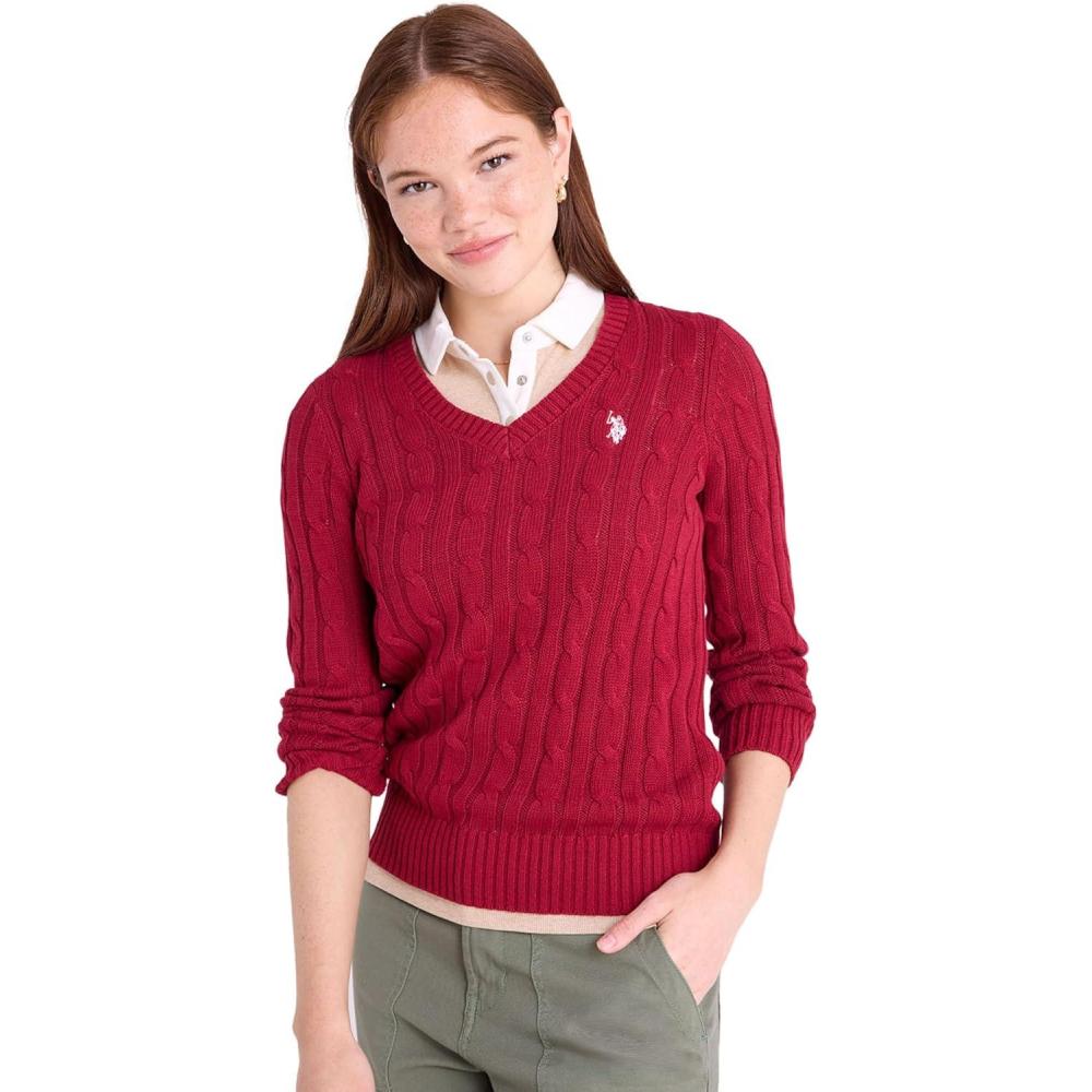 image:imageUS Polo Assn Womens Cable Sweater Soft Knit Embroidered Pony Logo Ribbed Trims Casual Cozy PulloverUniversity Red