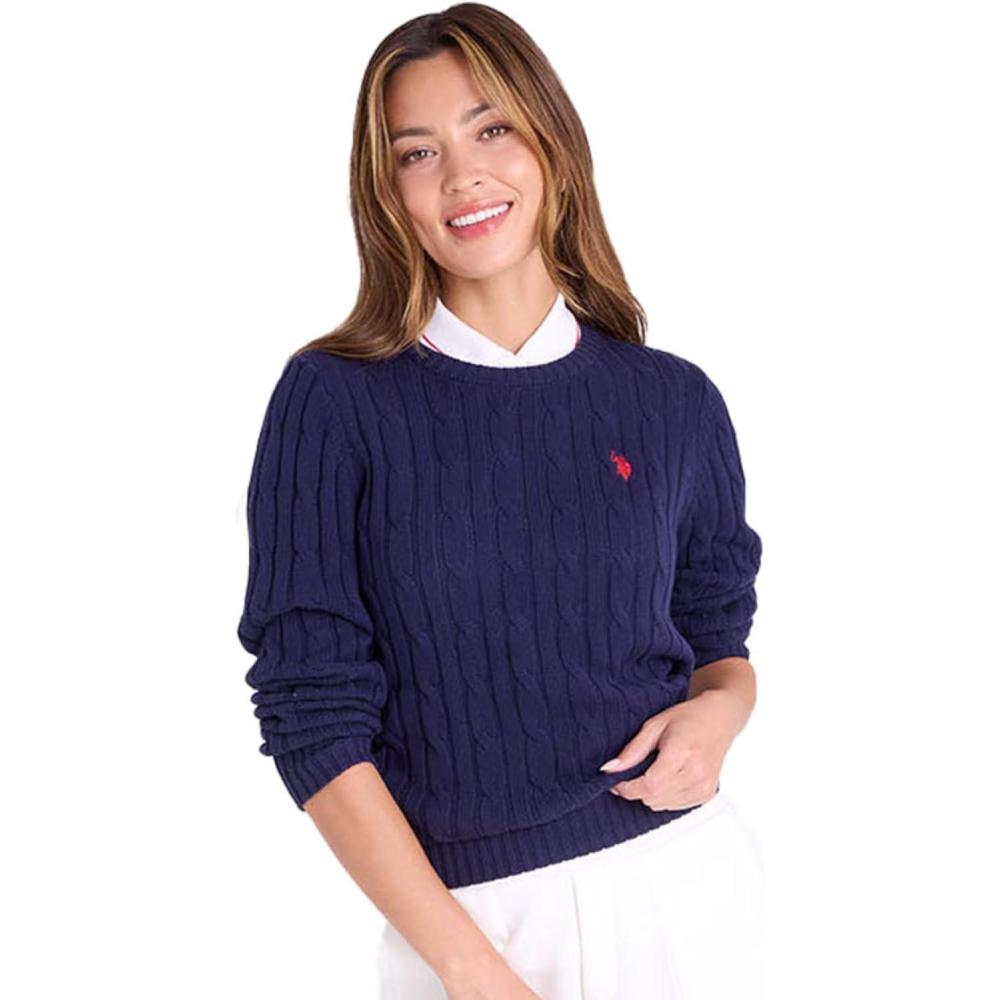 image:imageUS Polo Assn Womens Crew Neck Sweaters Raglan Cable Knit amp StripedEvening Blue 2025