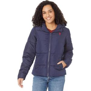 U.S. Polo Assn. Basic Puffer Jacket for Women – Warm & Lightweight Coat, Water-Resistant Cold Weather Coat(Evening Blue)