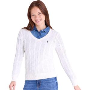 U.S. Polo Assn. Women’s Cable Sweater – Soft Knit, Embroidered Pony Logo, Ribbed Trims, Casual Cozy Pullover(Egret)