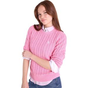 U.S. Polo Assn. Women’s Crew Neck Sweaters – Raglan, Cable Knit & Striped(Wild Rose)