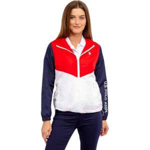 U.S. Polo Assn. women Hooded Colorblocked Polar Fleece Lined Americana Windbreaker(Racing Red)